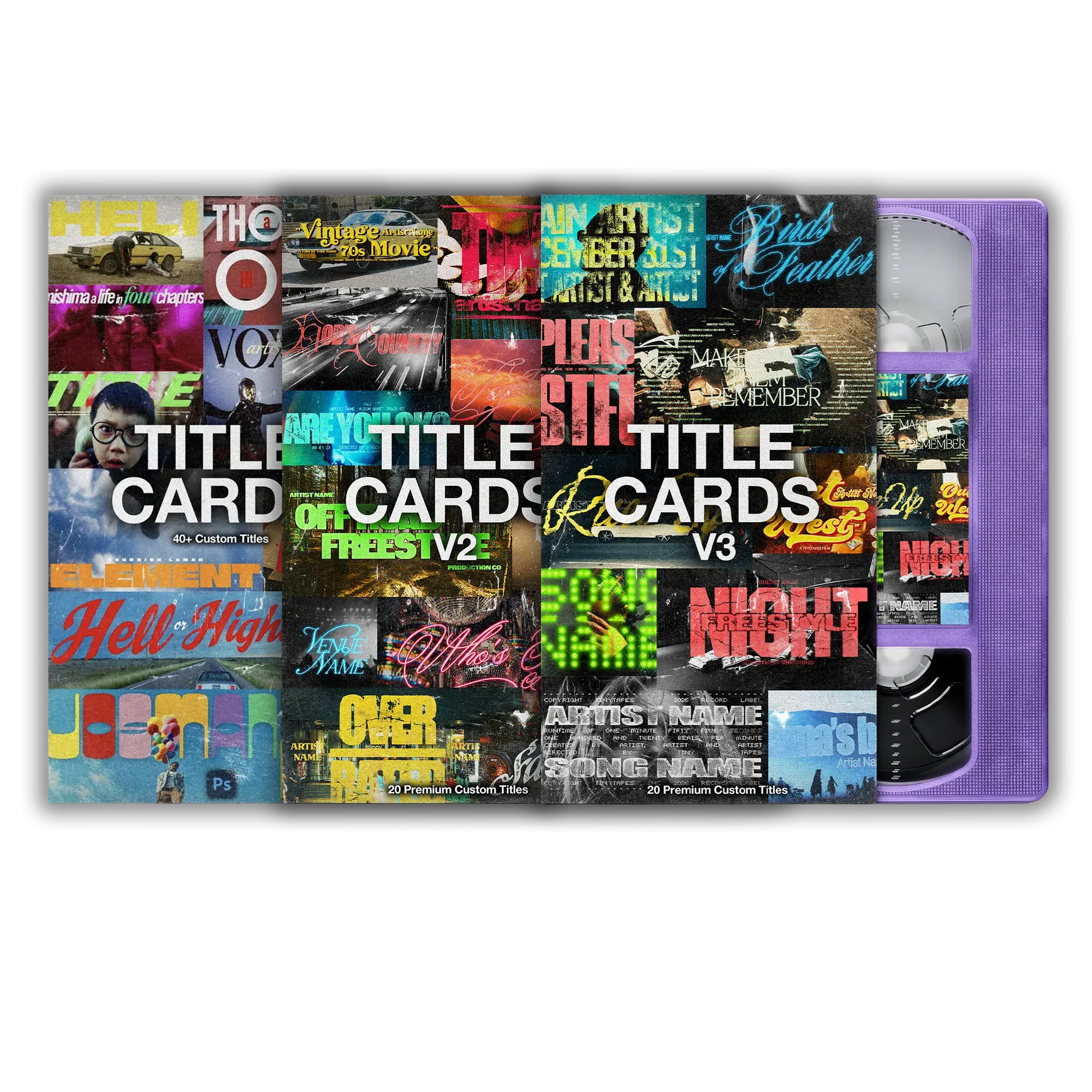 Title Cards Bundle: the Title Cards, Title Cards V2 and Title Cards V3 covers fanned in front of a purple VHS tape